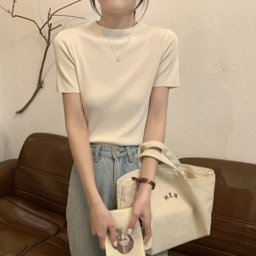 韩版气质高级感短袖针织衫正肩修身显瘦薄款舒适百搭半高领上衣女