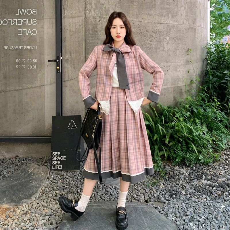 秋季小香风套装蕾丝拼接格纹西装套装女2025新款多巴胺甜美两件套