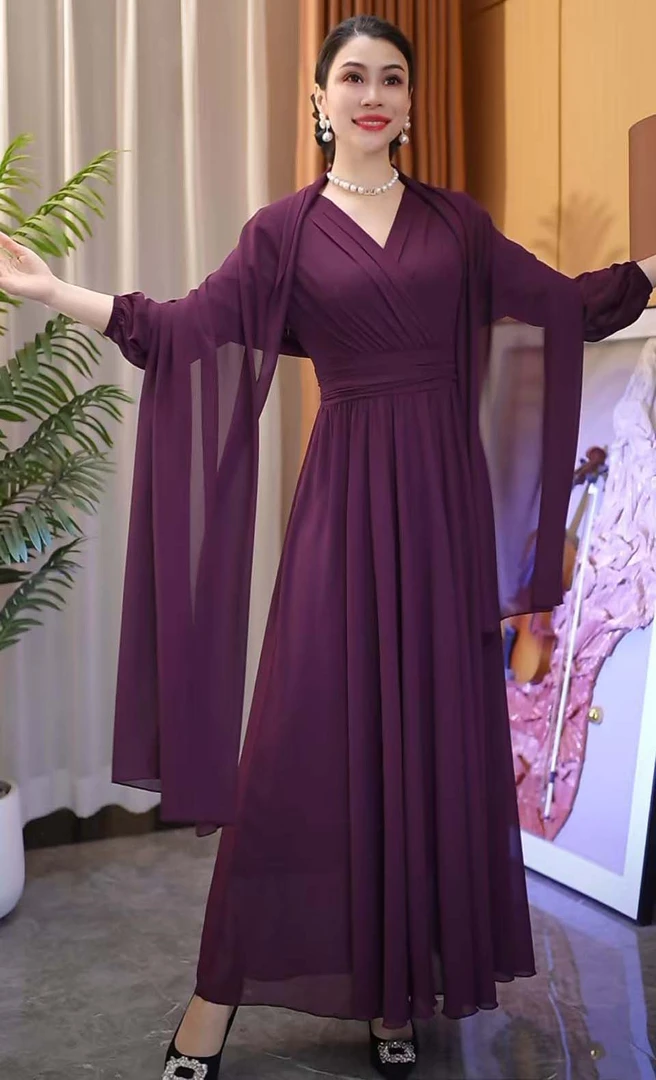 香衣丽华13A-深紫色夏季新款7分袖气质V领长款过膝大摆连衣长裙