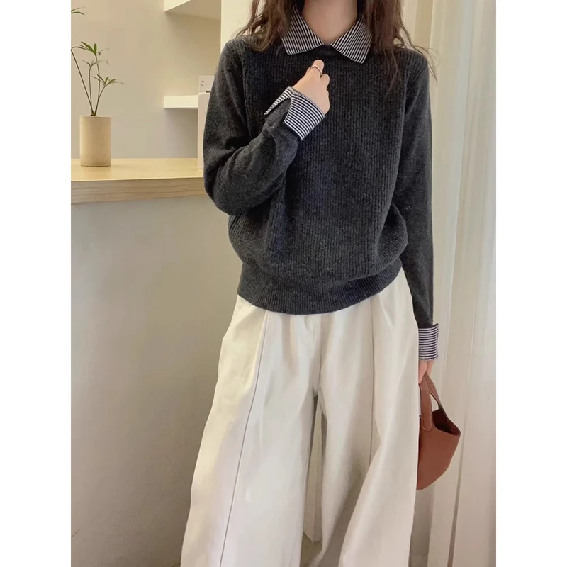 欧洲站2025冬季学院风POLO领条纹衬衫拼接假两件针织衫高级感毛衣