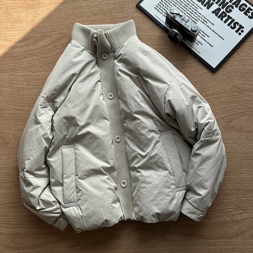 美式拼接针织立领羽绒服男冬季设计感潮流短款外套宽松时尚羽绒衣