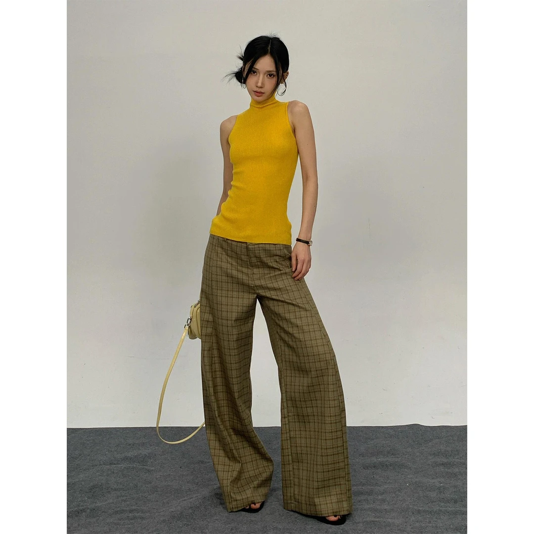 加绒加厚弯刀休闲裤女秋冬宽松直筒裤格纹不规则阔腿裤拖地长裤子