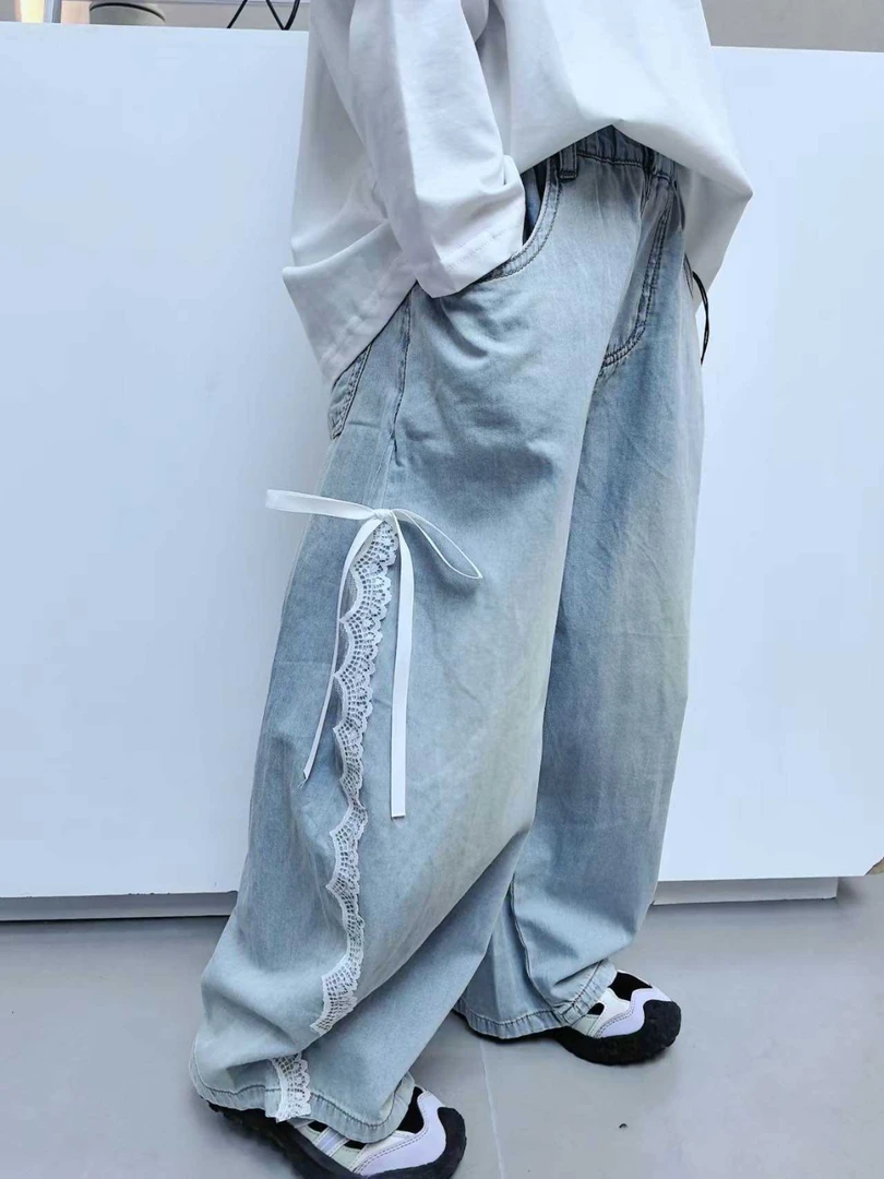 96029 夏款蕾丝蝴蝶结宽松高街高腰牛仔裤（特价不退换）