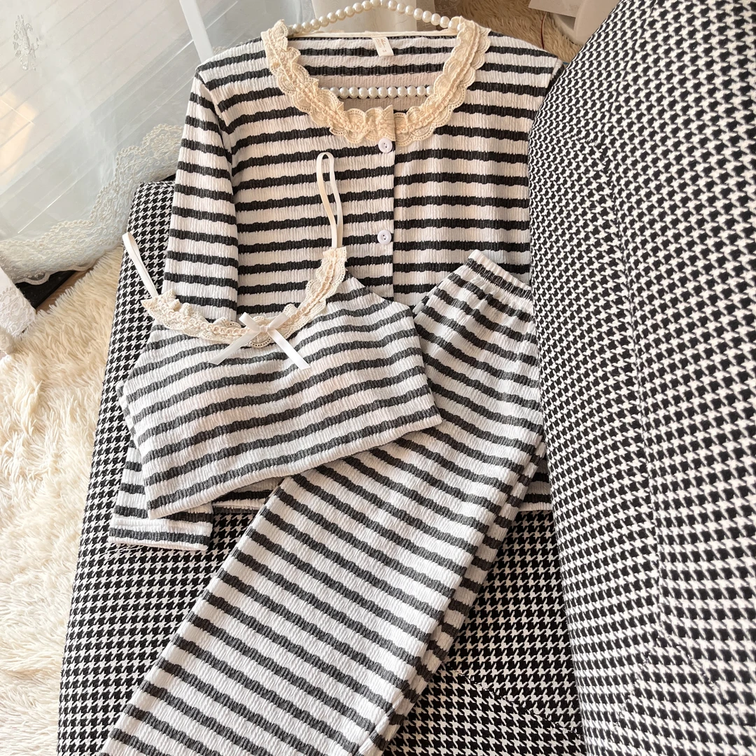 条纹吊带爆款2025年新款夏季睡衣三件套装带胸垫可外穿女士家居服