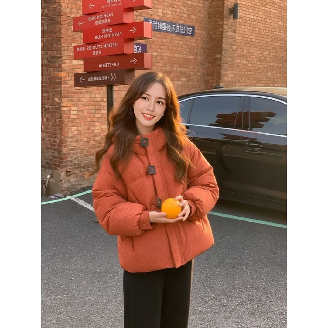 橘红色短款羽绒棉服女冬季2025新款韩系加厚小个子连帽面包服外套