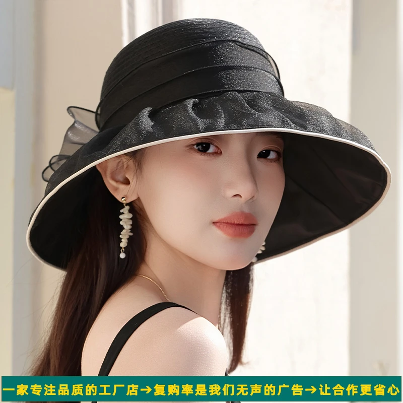 贵气优雅欧根纱防晒帽夏季女士户外防紫外线花朵遮阳帽妈妈太阳帽