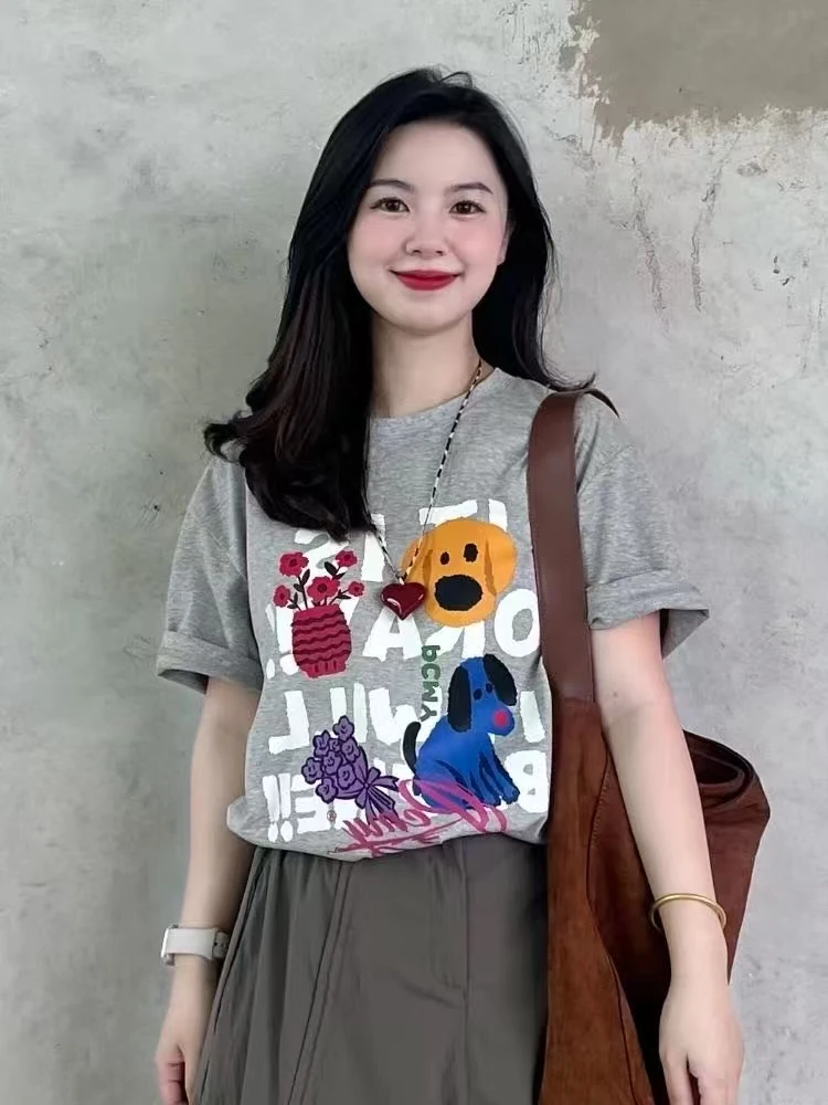 夏日绝美小上衣2025女装新款绝美chic韩系穿搭花灰色动物印花t恤