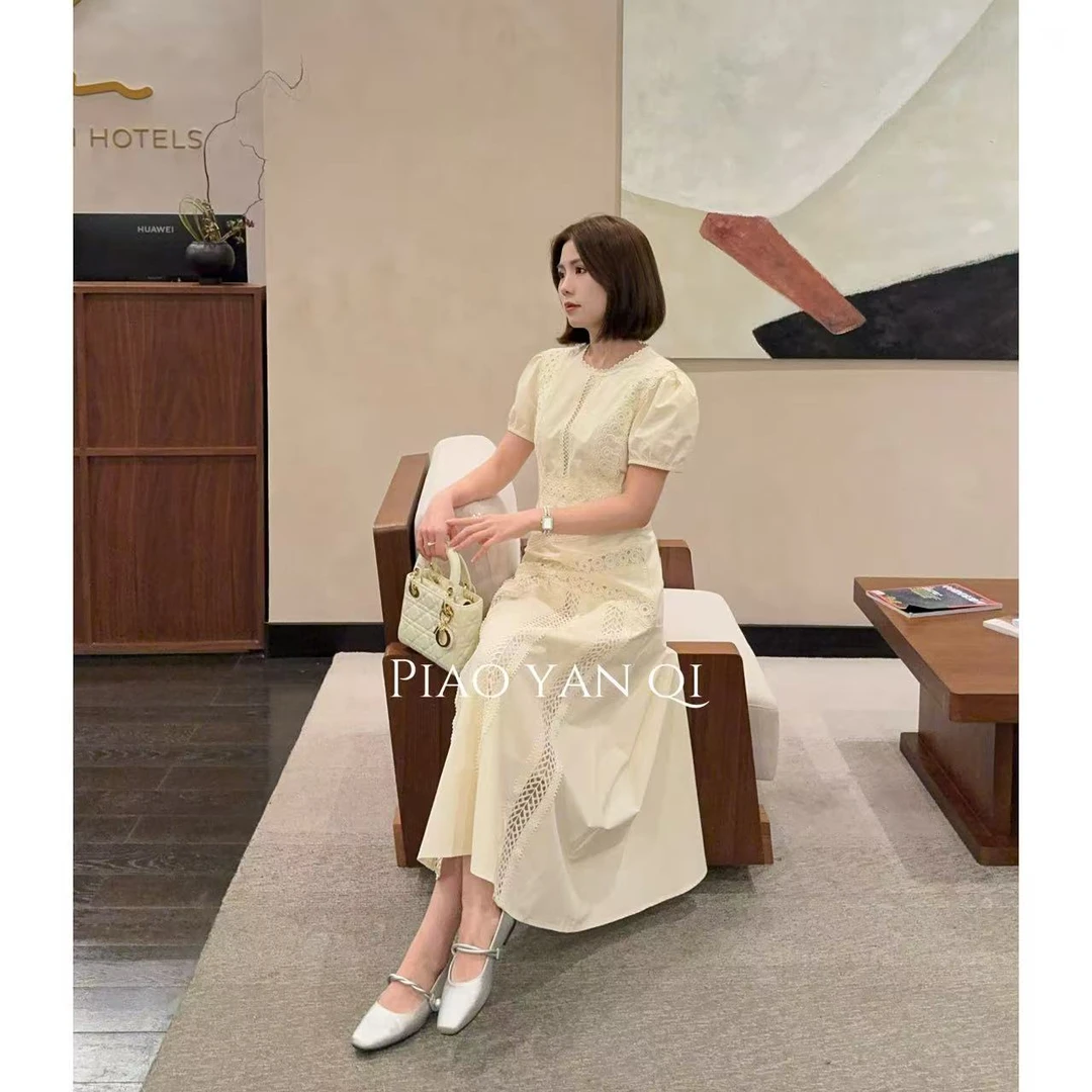 YANQI【苏黎山茶 有袖 米黄】温柔垂坠感慵懒有袖拼接裙YQ0094