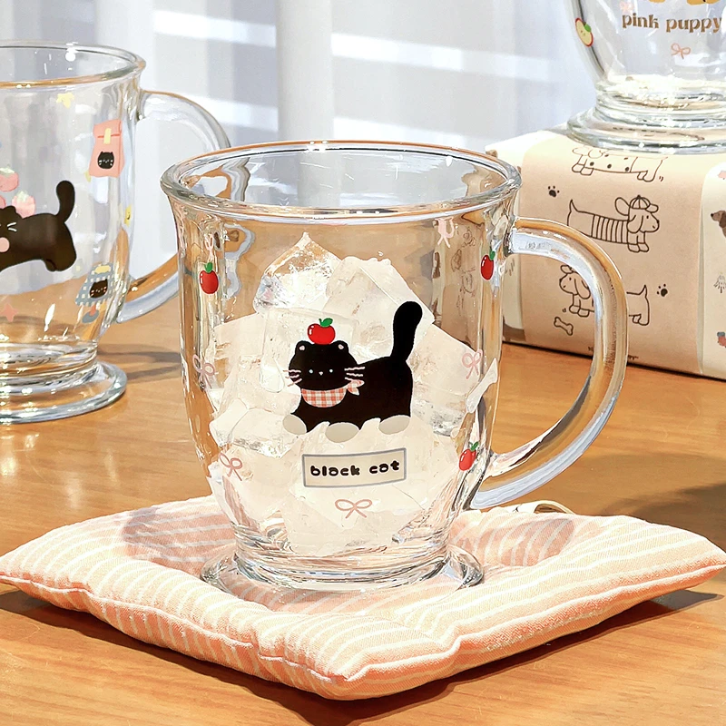 川岛屋原创高脚玻璃杯女高颜值家用喝水杯带把手可爱牛奶杯果汁杯