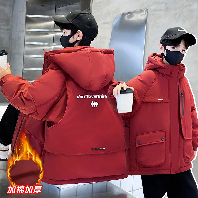 童装男童冬装羽绒棉服2025新款中大童红色冬季男孩加厚棉衣外套