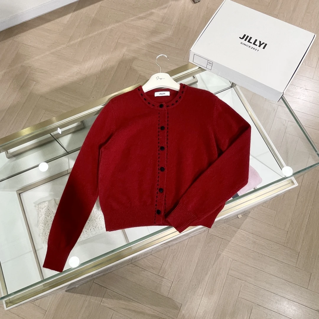 jillyi【红宝石】红色圆领冬季长袖街头百搭时尚针织衫