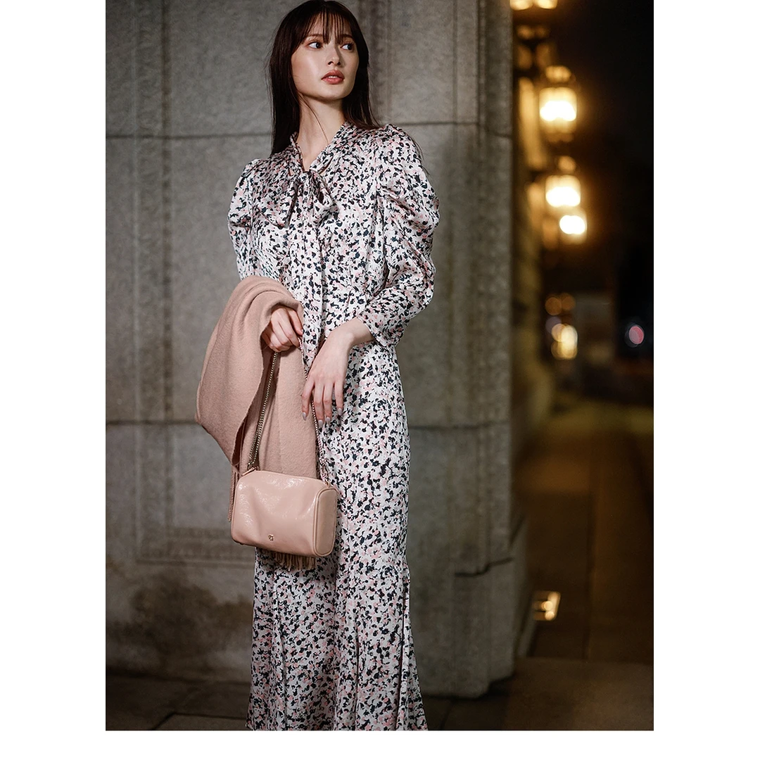 【MonTendre】夏季新款 S 蝴蝶结系带泡泡袖鱼尾连衣裙印花收腰长裙