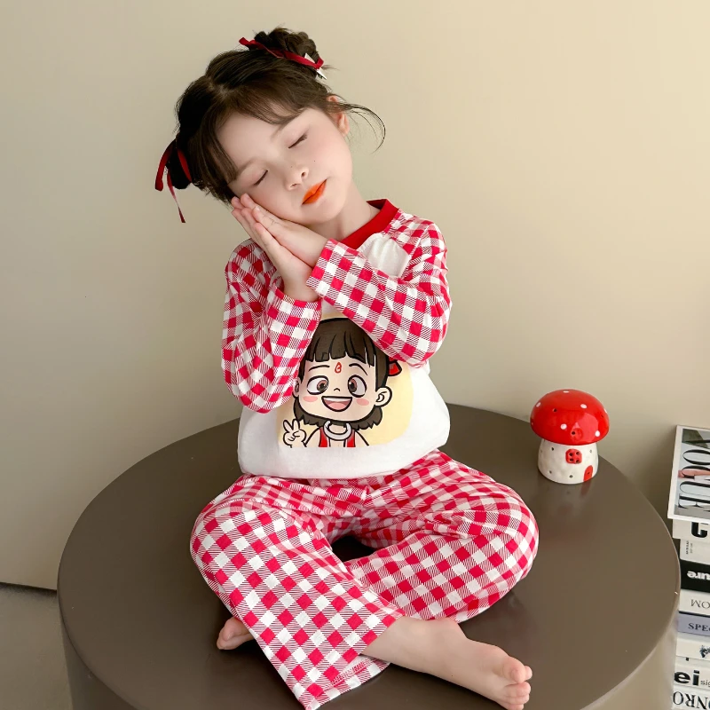 女童儿童睡衣春秋新款2025宝宝纯棉长袖空调卡通哪吒家居服套装