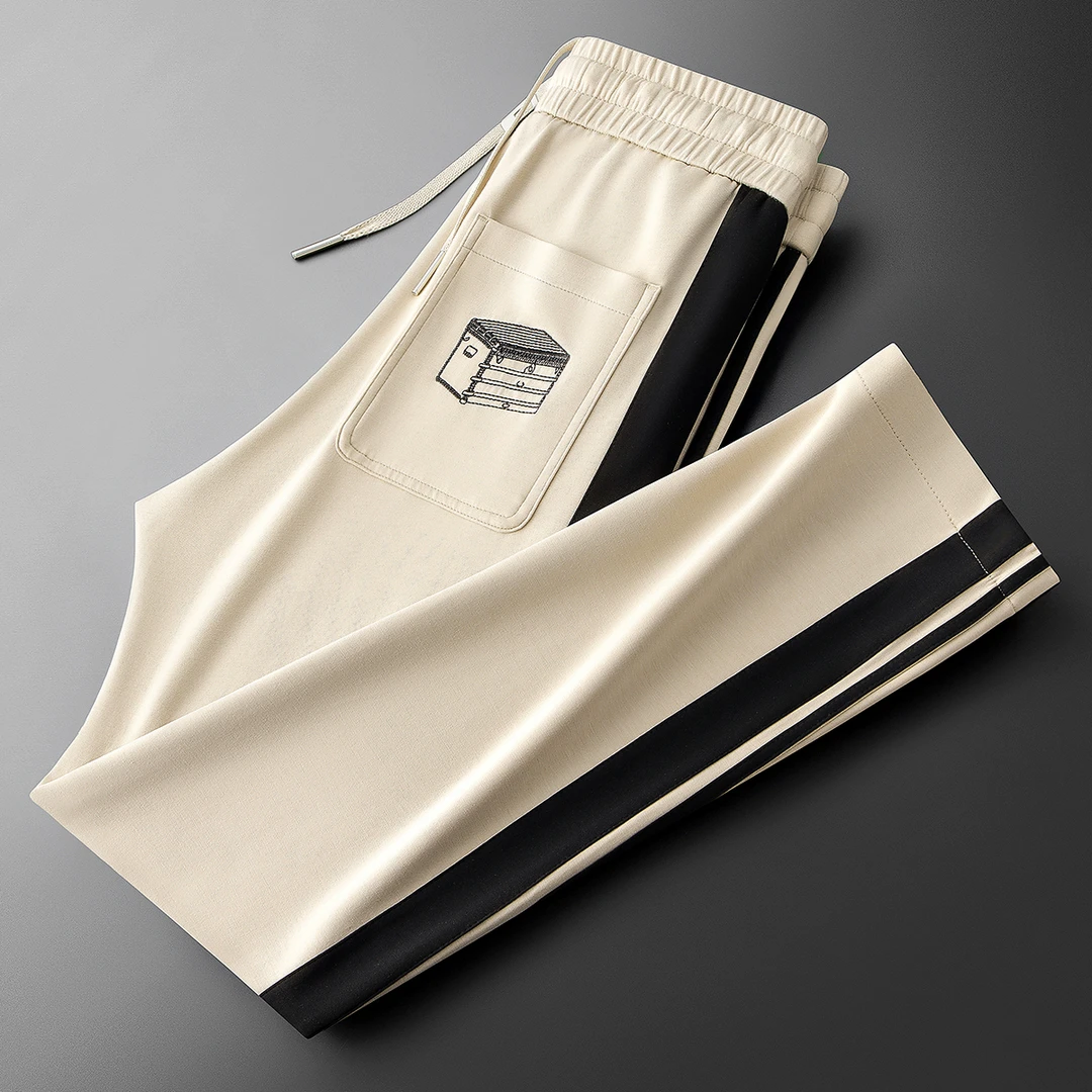 春夏轻奢时尚潮流薄款冰丝撞色运动卫裤男士直筒弹力百搭休闲裤男