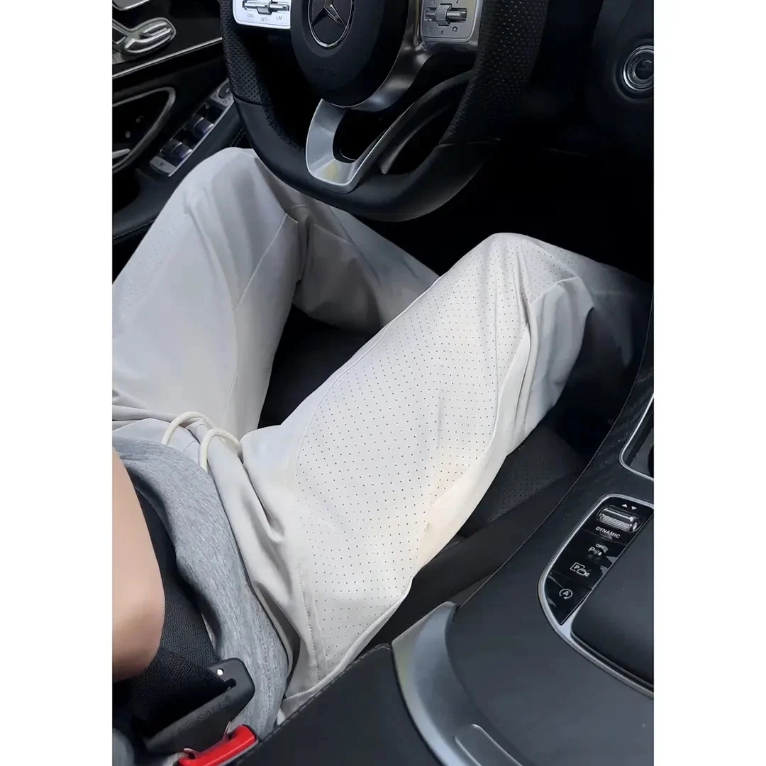 夏季打孔透气冰感速干裤男女薄款弯刀裁剪休闲裤直筒微喇裤子男潮