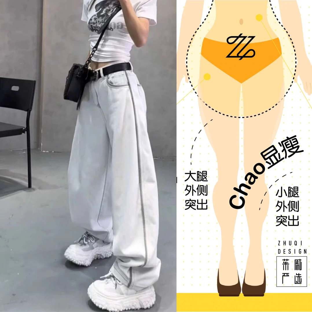 高腰显瘦大码阔腿裤秋冬百搭宽松时尚直筒潮流撞色线条牛仔裤