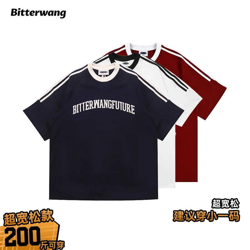 Bitterwang超宽松纯棉美式三条杠短袖男士半袖字母印花圆领T恤