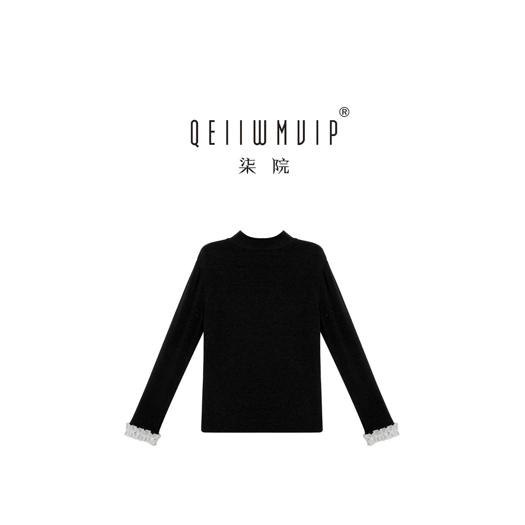 QEIIWMVIP/柒院冬季重工钉珠蕾丝边设计感气质长袖打底衫7618