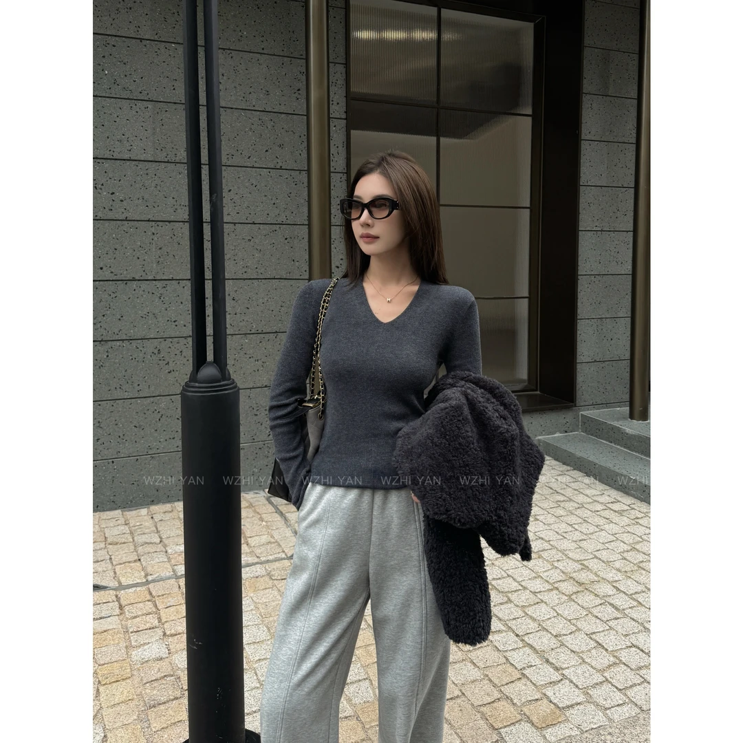 【木槿云舒】“Y毛衫"高品质奢感V领气质极简百搭长袖打底T恤M2638