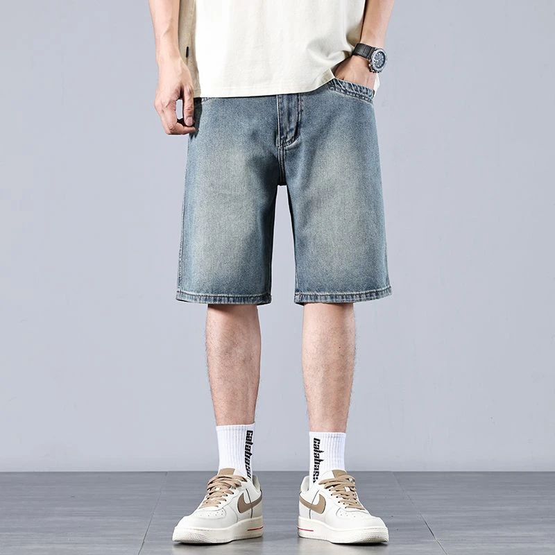 复古休闲直筒牛仔裤新款宽松男士美式水洗做旧cleanfit阔腿五分裤