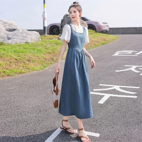 复古牛仔套装连衣裙女夏2025新款韩版减龄泡泡袖上衣A字裙两件套