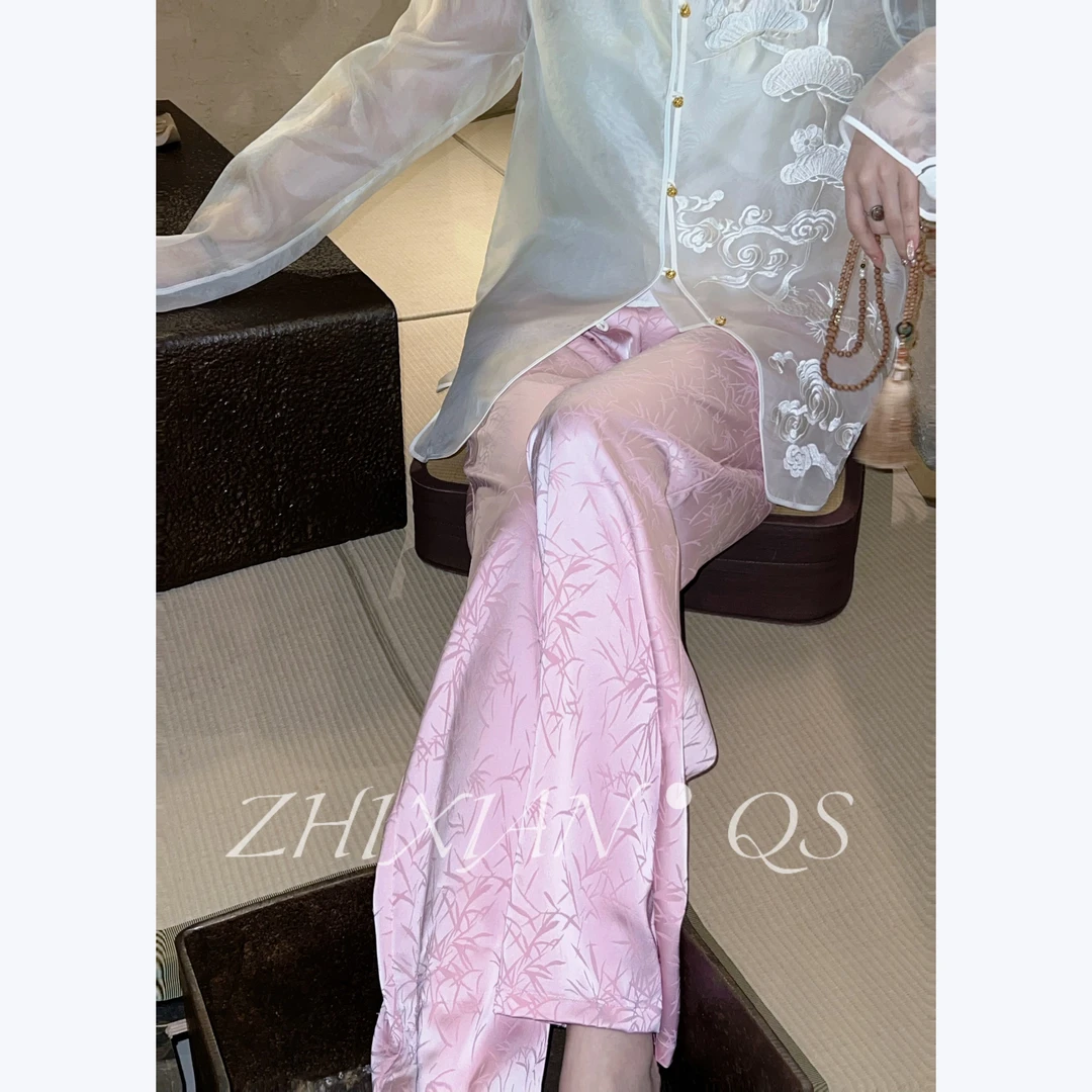 【智贤轻奢】春不晚·国风新中式桃粉色人丝提花花萝丝滑垂感阔腿裤