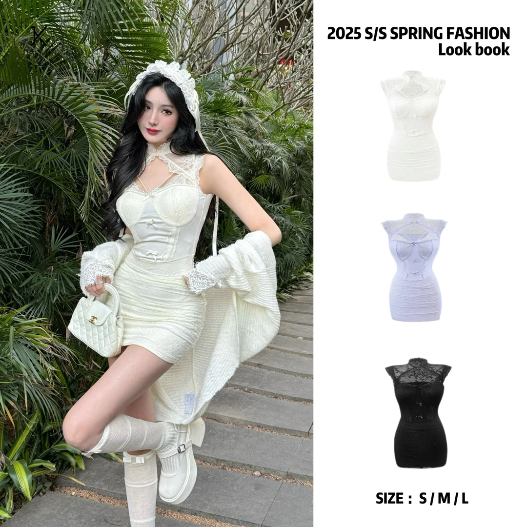 JOY KIKI金金【温柔姐姐】针织拼接蕾丝无袖收腰显瘦汉服J25A134