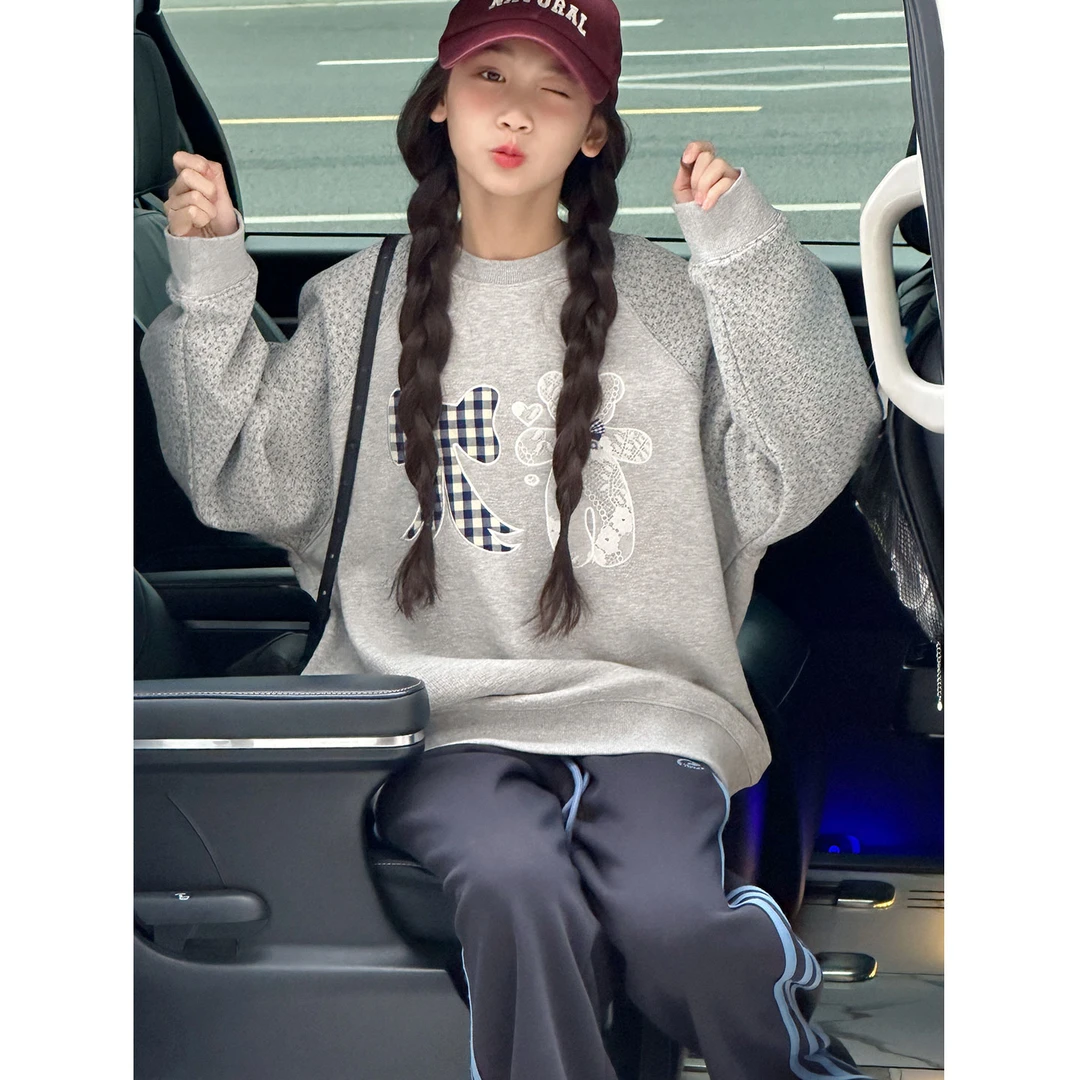 K30183孙小美拼接袖女童秋冬卫衣2025新款儿童加绒加厚上衣打底衫