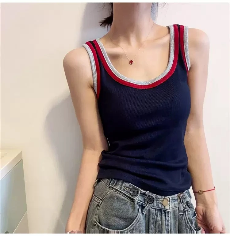 港风撞色磨毛背心女秋新款时髦休闲修身显瘦百搭针织衫吊带