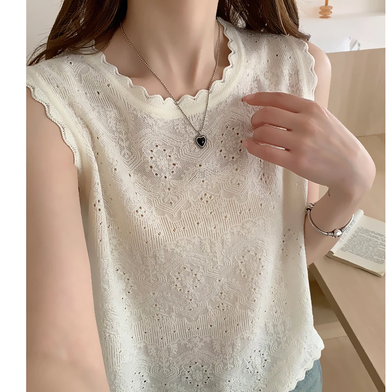 【3D立体浮雕镂空】女无袖毛针织衫春夏花边领背心打底设计感小众