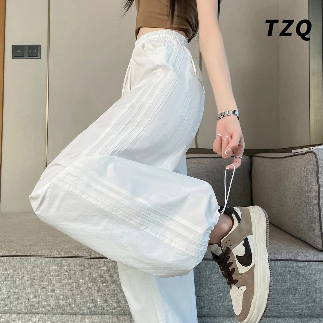 速干工装休闲裤女夏季薄款美式高腰显瘦阔腿束脚运动裤TZQ2552321