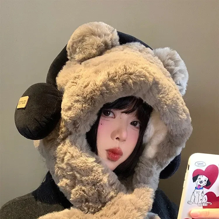 【猎豹】耳机小熊帽子围巾一体女秋冬季可爱毛绒加厚保暖套头护耳雷