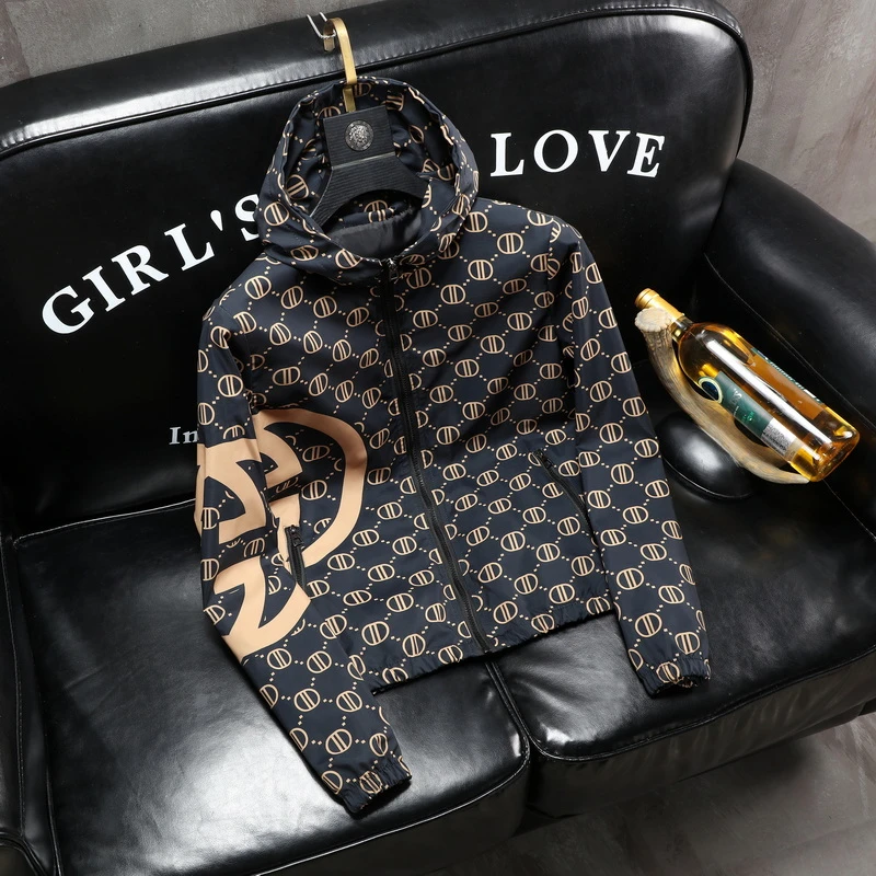 曼库帕娅潮牌印花秋外套个性青年连帽男士夹克修身休闲褂子男