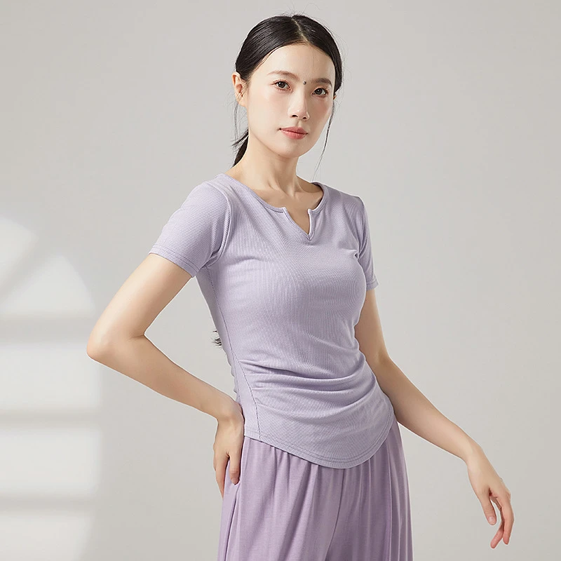 现代舞新款弹力短袖V领显瘦上衣练功服中国舞古典舞舞蹈服女