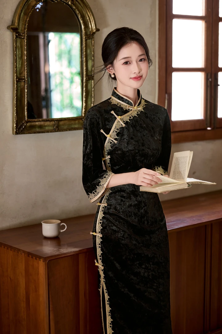 2025秋季新款倒大袖双色拼接丝绒苏派旗袍