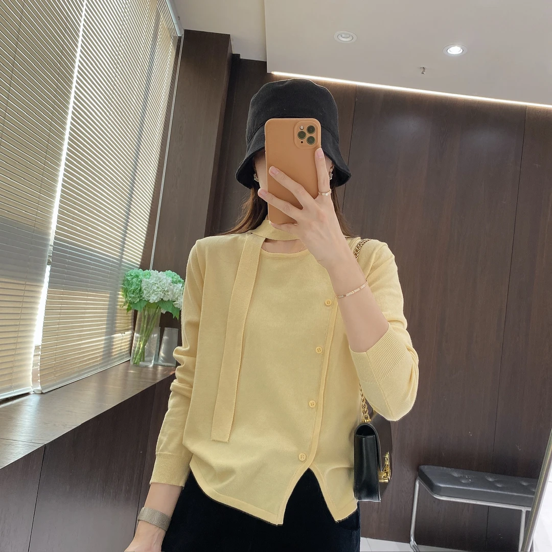 IMFLY金小金自制女装 针织衫DYW9819早秋飘带设计感侧扣针织上衣