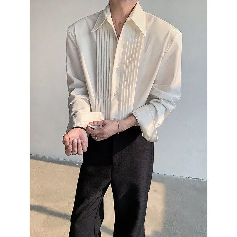 2025春夏款复古宫廷风褶皱衬衫男长袖小众设计感韩版垫肩白色衬衣