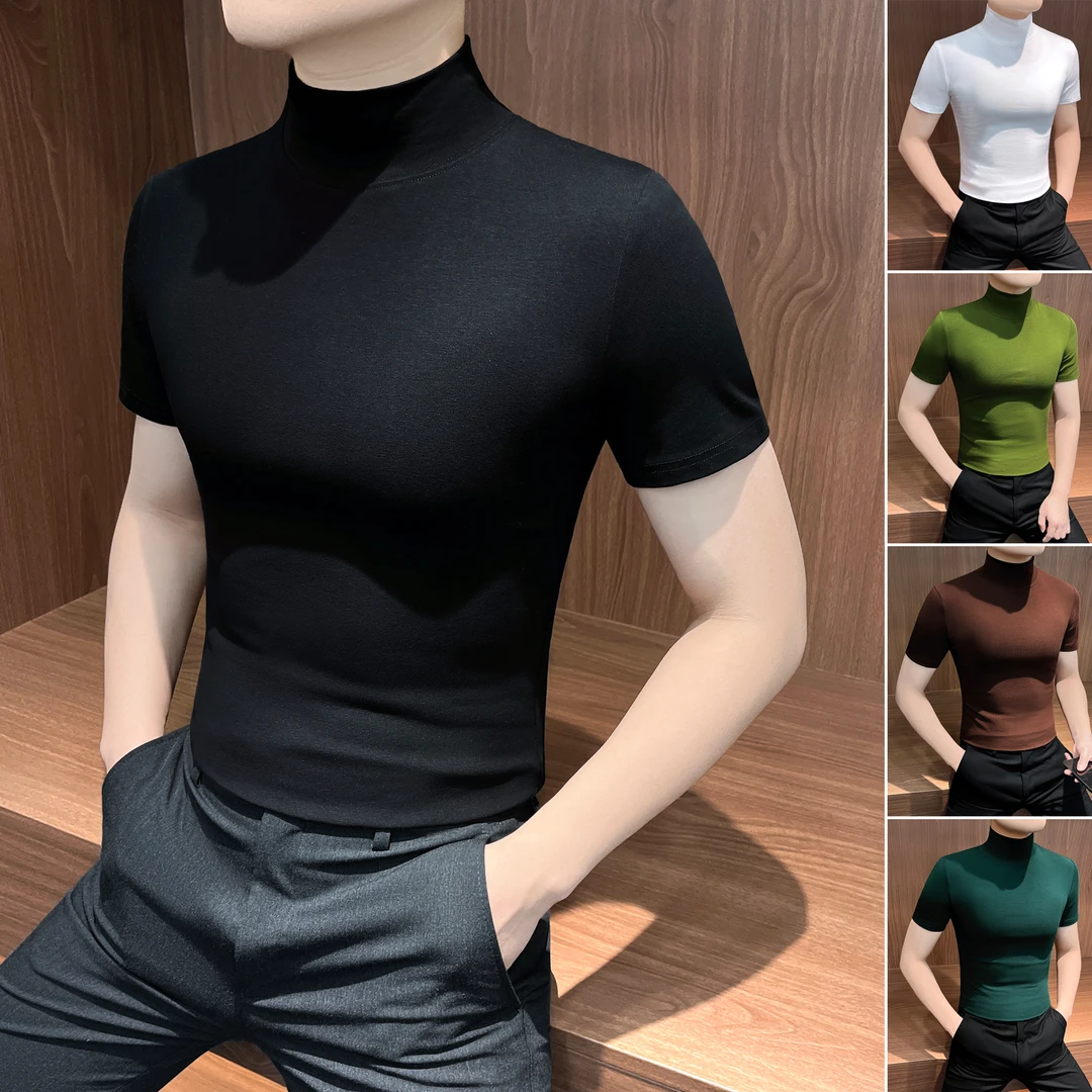 半高领短袖t恤男款爆款2025新款秋季网红痞帅男装休闲男士打底衫