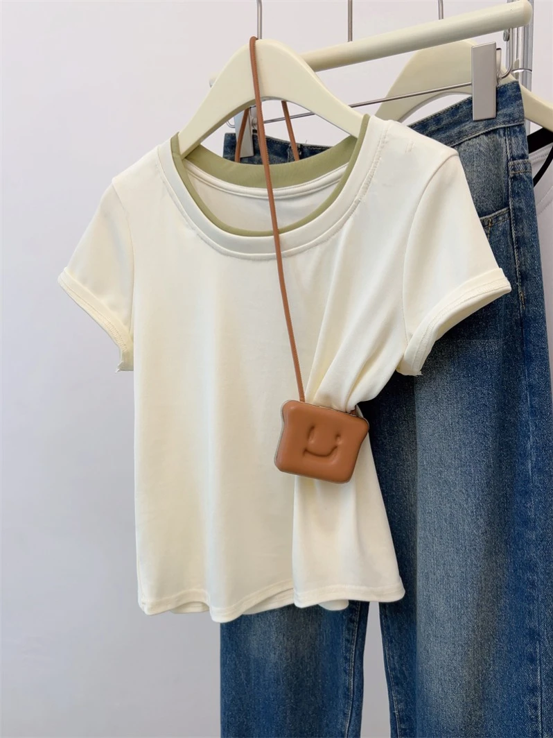 微胖妹妹遮肉遮肚子短袖T恤夏季新款时尚百搭简约撞色正肩小上衣
