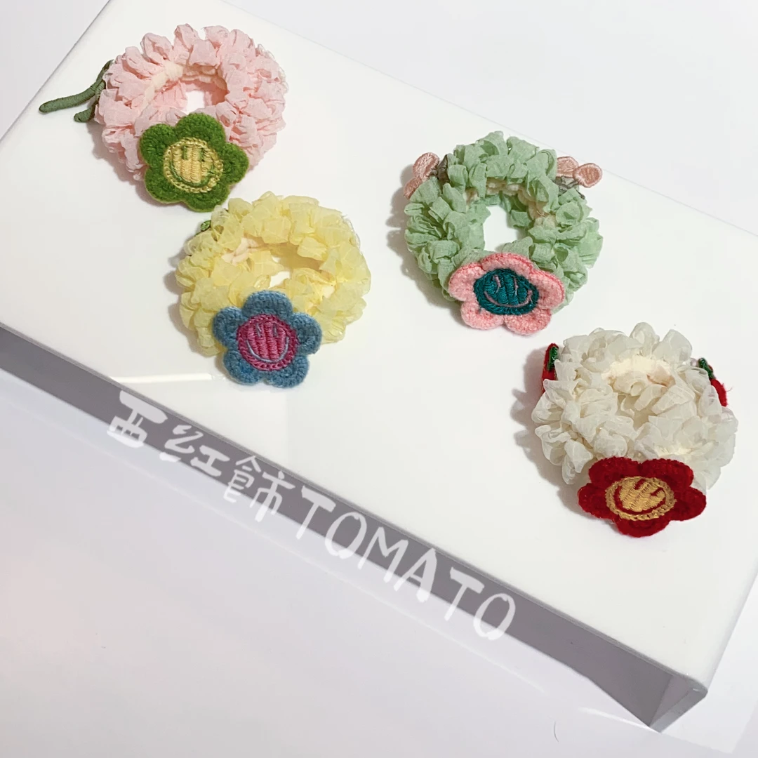 西红饰TOMATO韩国东大门百搭笑脸刺绣太阳花手工褶皱发圈