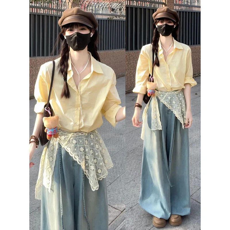 早秋穿搭一整套女2025新款韩系气质蕾丝花边衬衫阔腿牛仔裤三件套