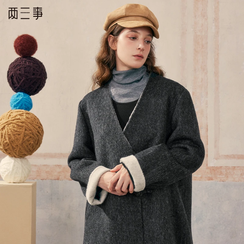 两三事暮色向晚2024冬季新款新中式盘扣v领羊毛呢大衣外套女宽松