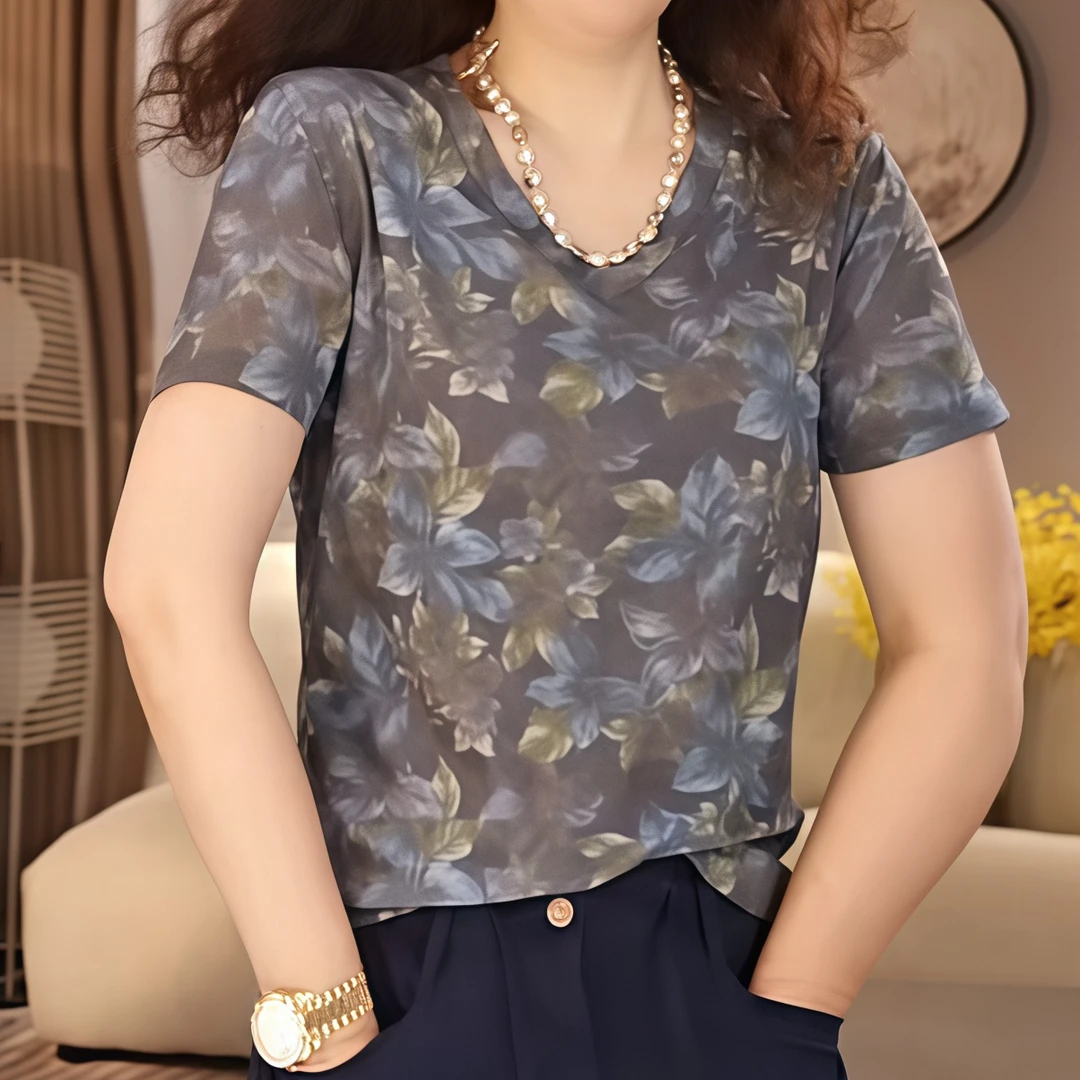 不规则晕染印花V领短袖T恤女气质时尚百搭提花2025夏季新款百搭潮