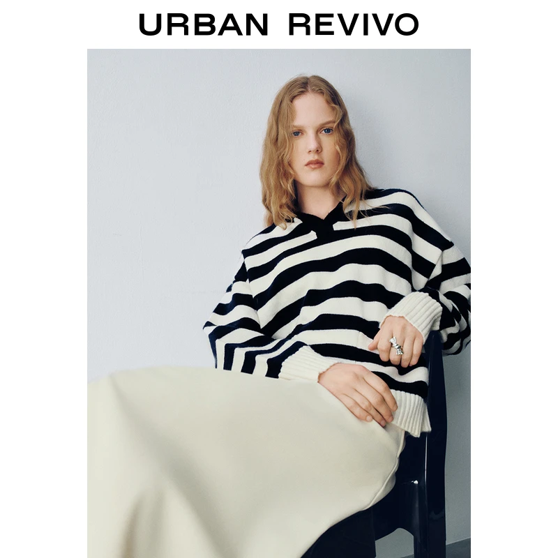 UR2024秋冬新款女装气质百搭撞色条纹软糯针织衫UWU930023