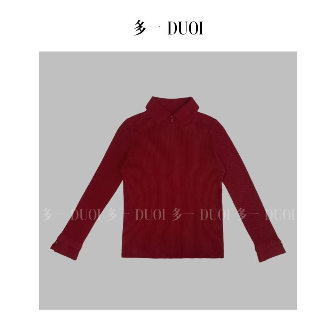 多一“盛开”2025冬季翻领纽扣弹性针织内搭正肩百搭长袖打底衫