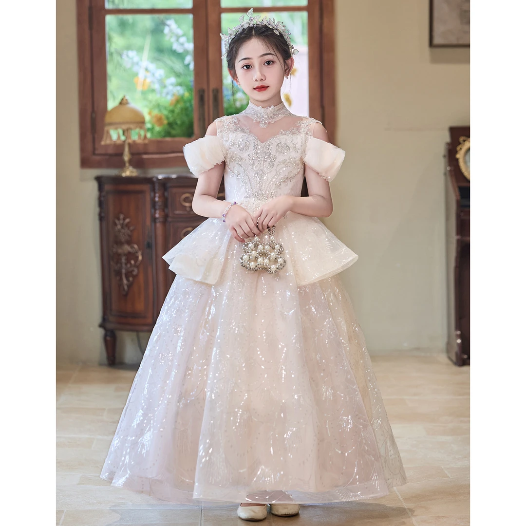 大码宴会礼服新款香槟色蓬蓬钢琴演出服小女孩生日公主裙女童婚纱