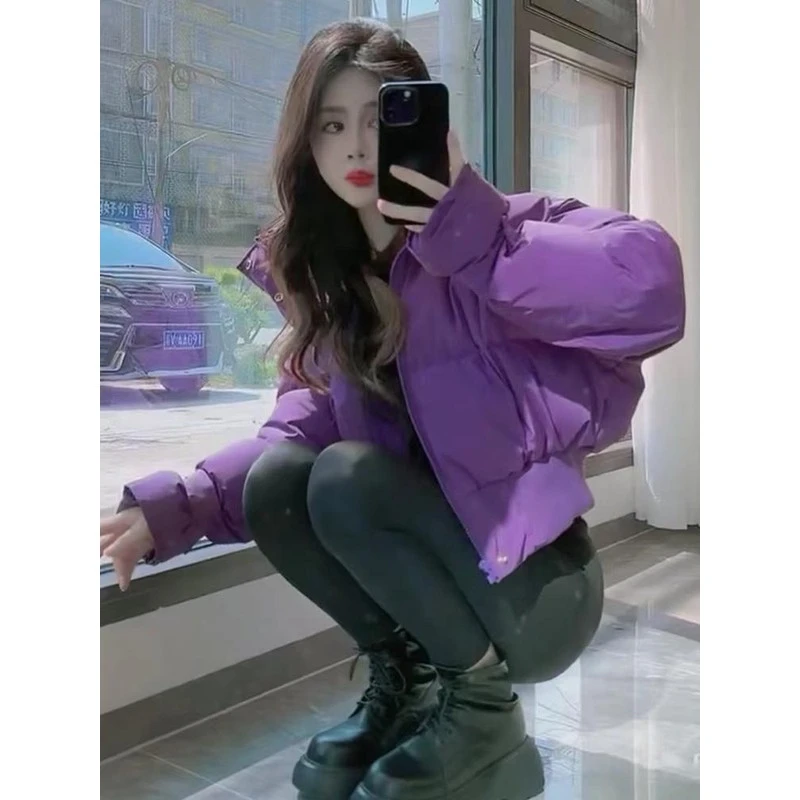 网红爆款2025年冬季新款紫色服女短款小个子宽松棉衣外套女