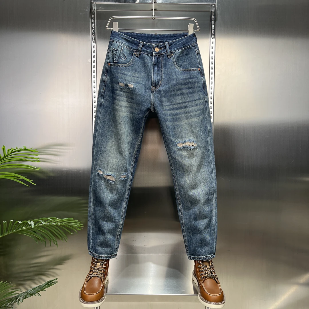 【高端】早秋款男水洗小直筒裤蓝色修身牛仔裤时尚欧若假日风复古风