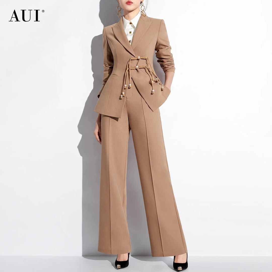 【媛媛女王专享】AUI卡其色职业气质休闲西装阔腿裤套装-20240099