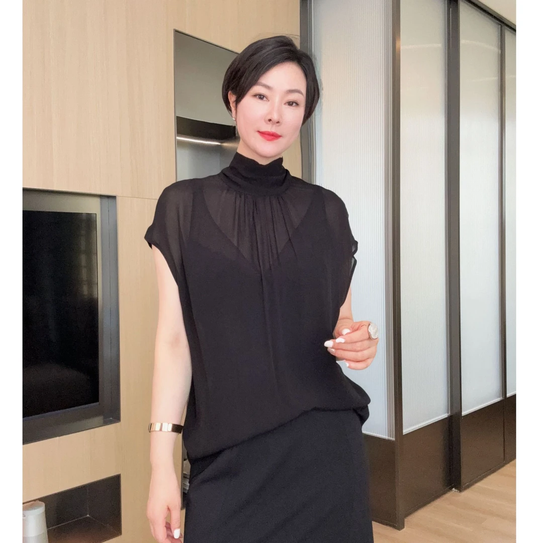 乔其纱前后两船气质飘带透感小衫X278